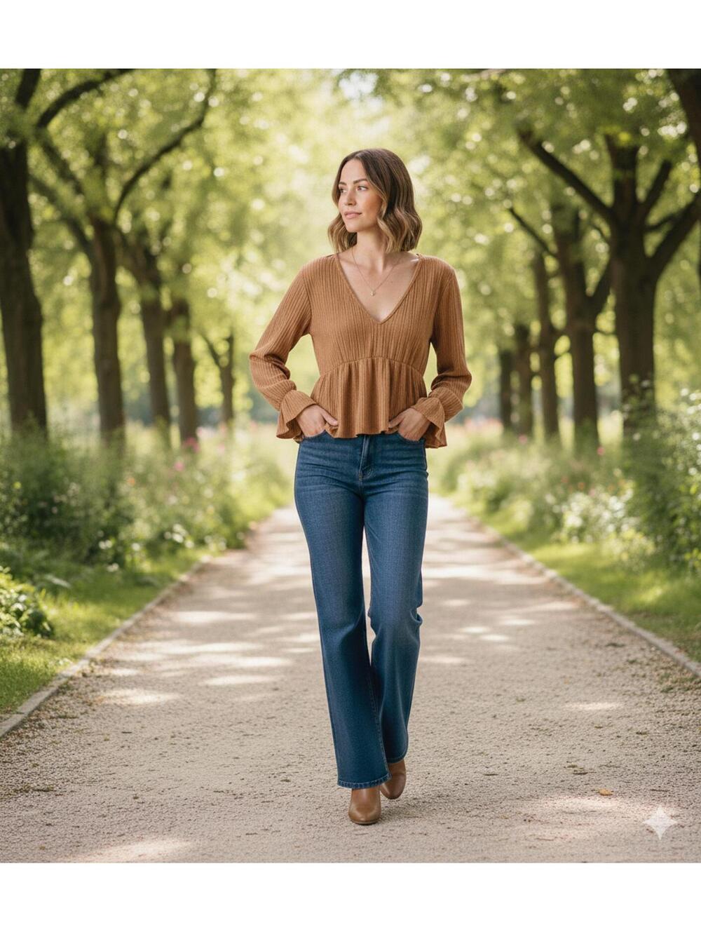 PEACH LOVE - Caramel Ribbed Peplum Blouse V-Neck Ruffle Cuff Boho Top Small